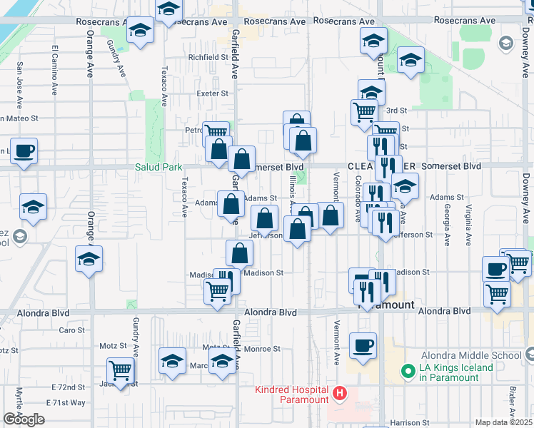 map of restaurants, bars, coffee shops, grocery stores, and more near 15329 Minnesota Avenue in Paramount
