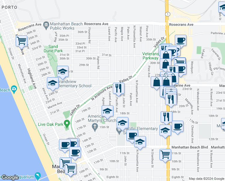map of restaurants, bars, coffee shops, grocery stores, and more near 2400 Laurel Avenue in Manhattan Beach