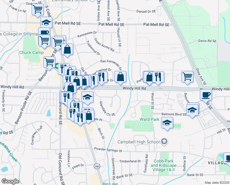 map of restaurants, bars, coffee shops, grocery stores, and more near 725 Burbank Circle in Smyrna