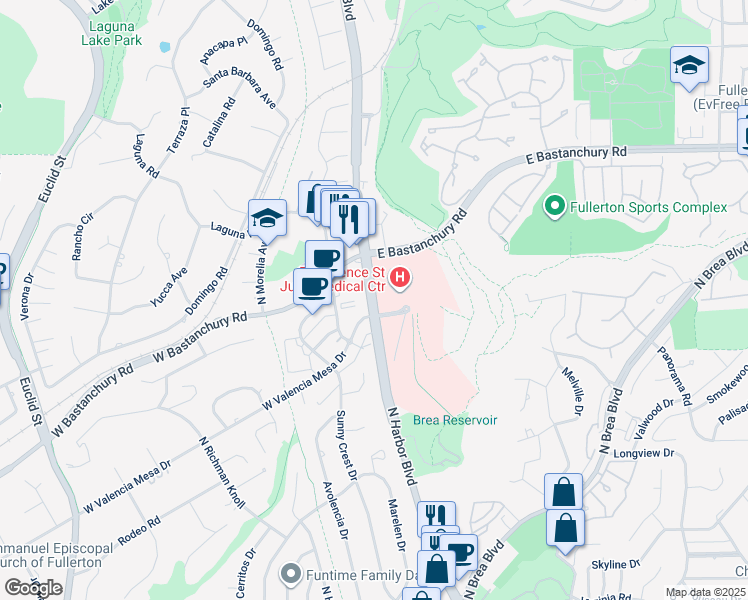 map of restaurants, bars, coffee shops, grocery stores, and more near 1880 El Camino Real in Fullerton