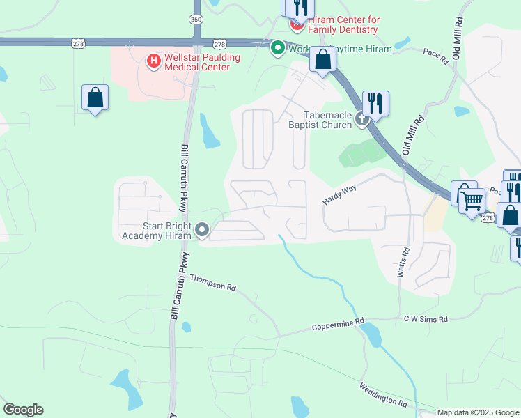 map of restaurants, bars, coffee shops, grocery stores, and more near 286 Greystone Parkway in Hiram