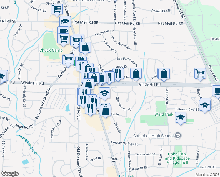 map of restaurants, bars, coffee shops, grocery stores, and more near 610 Burbank Circle in Smyrna