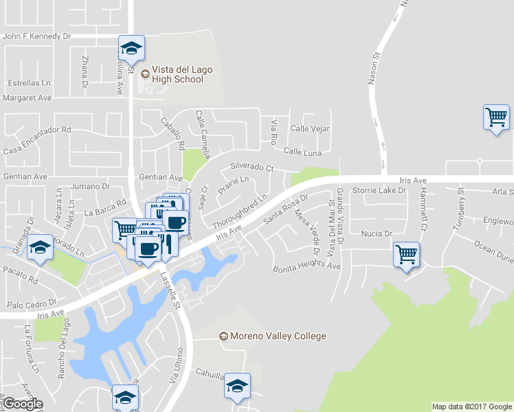 map of restaurants, bars, coffee shops, grocery stores, and more near 26501 Thoroughbred Lane in Moreno Valley