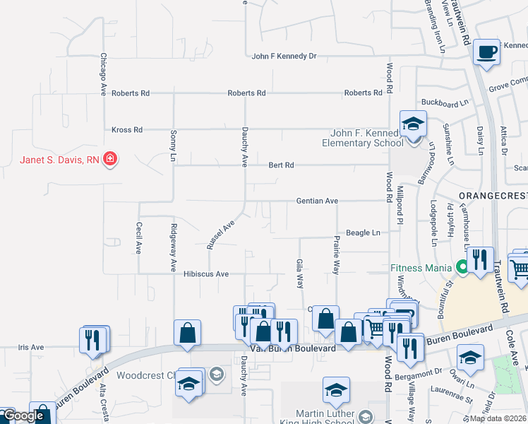 map of restaurants, bars, coffee shops, grocery stores, and more near 18569 Gentian Avenue in Riverside