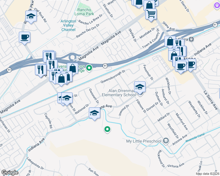 map of restaurants, bars, coffee shops, grocery stores, and more near 11568 Freedom Trail in Riverside