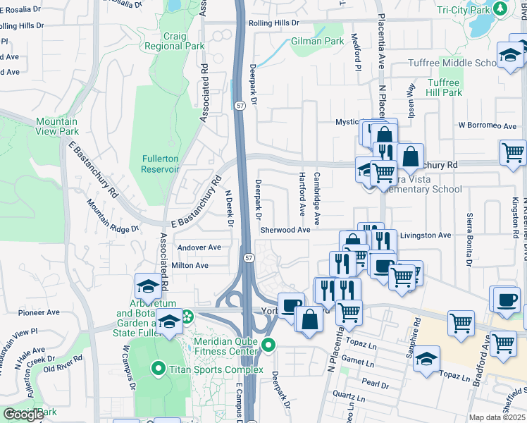 map of restaurants, bars, coffee shops, grocery stores, and more near 2225 Braeburn Avenue in Fullerton