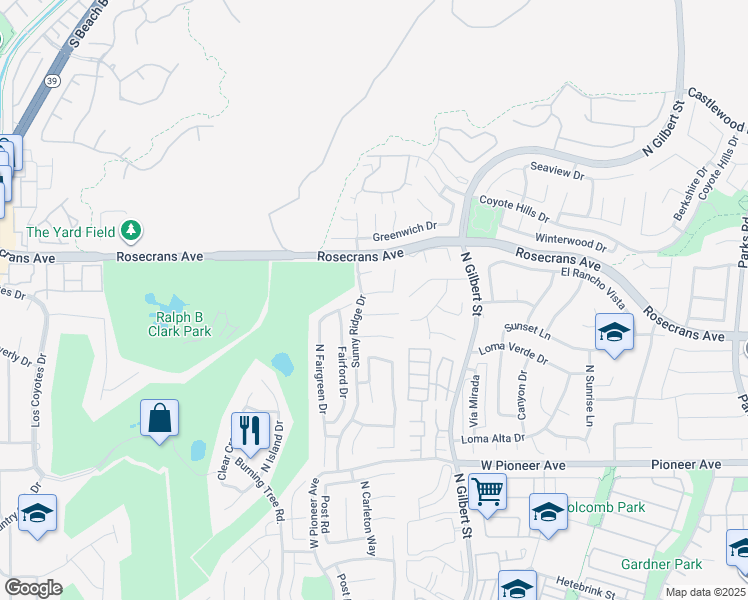 map of restaurants, bars, coffee shops, grocery stores, and more near 2548 Crown Way in Fullerton