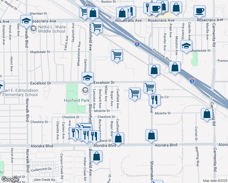map of restaurants, bars, coffee shops, grocery stores, and more near 15119 Caulfield Avenue in Norwalk