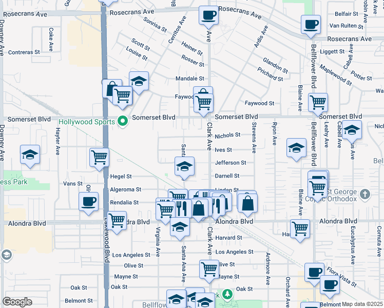 map of restaurants, bars, coffee shops, grocery stores, and more near 9320 Ives Street in Bellflower