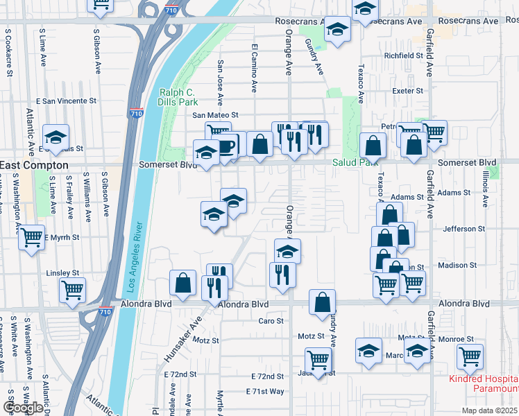 map of restaurants, bars, coffee shops, grocery stores, and more near 15325 Orange Avenue in Paramount