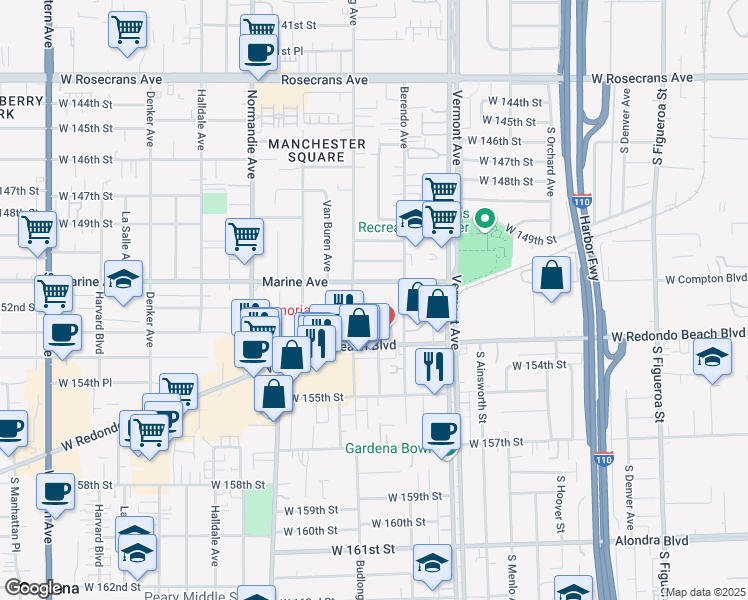 map of restaurants, bars, coffee shops, grocery stores, and more near 1120 Marine Avenue in Gardena