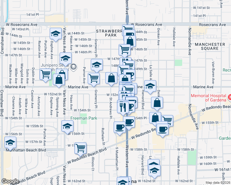 map of restaurants, bars, coffee shops, grocery stores, and more near 1847 West 152nd Street in Gardena