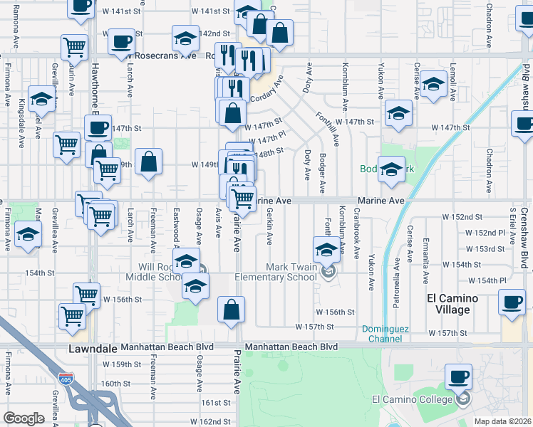 map of restaurants, bars, coffee shops, grocery stores, and more near 15123 Gerkin Avenue in Lawndale