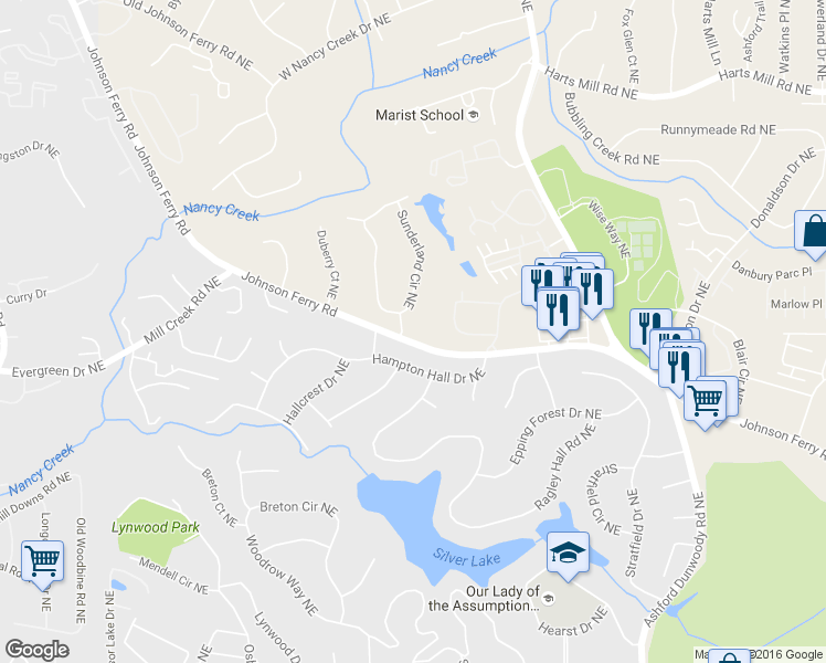 map of restaurants, bars, coffee shops, grocery stores, and more near 3519 Sunderland Way Northeast in Atlanta