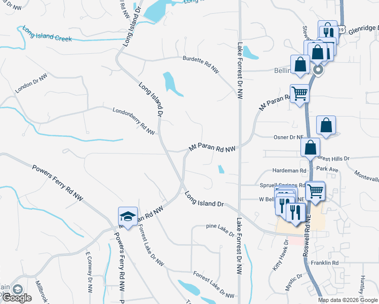 map of restaurants, bars, coffee shops, grocery stores, and more near 98 Mount Paran Road Northwest in Sandy Springs