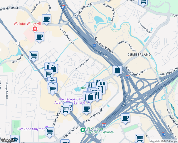 map of restaurants, bars, coffee shops, grocery stores, and more near 2855 Crescent Parkway in Atlanta