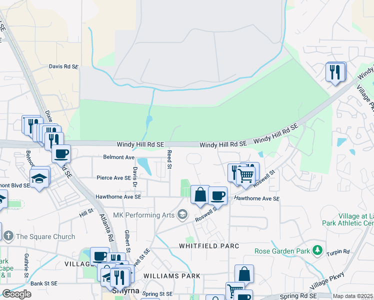 map of restaurants, bars, coffee shops, grocery stores, and more near 4026 Hawthorne Circle in Smyrna