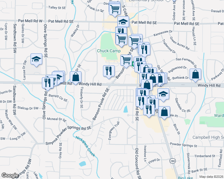 map of restaurants, bars, coffee shops, grocery stores, and more near 2424 Benson Poole Road Southeast in Smyrna