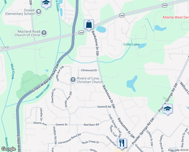 map of restaurants, bars, coffee shops, grocery stores, and more near 2404 Shiloh Drive Southwest in Marietta