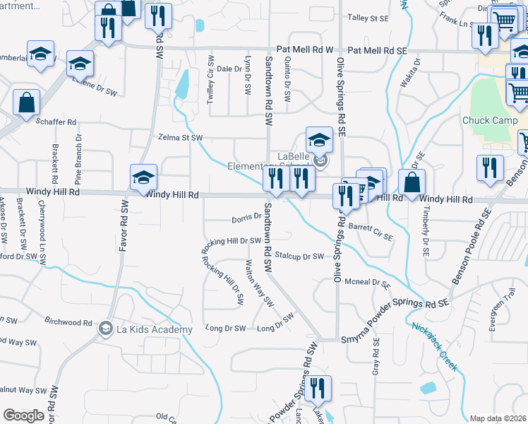 map of restaurants, bars, coffee shops, grocery stores, and more near 2432 Sandtown Road Southwest in Marietta