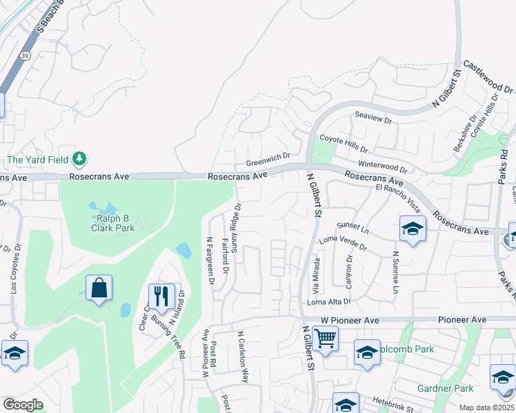map of restaurants, bars, coffee shops, grocery stores, and more near 2548 Crown Way in Fullerton