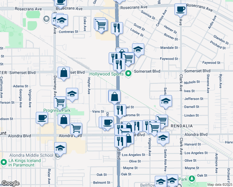 map of restaurants, bars, coffee shops, grocery stores, and more near 15317 Lakewood Boulevard in Paramount