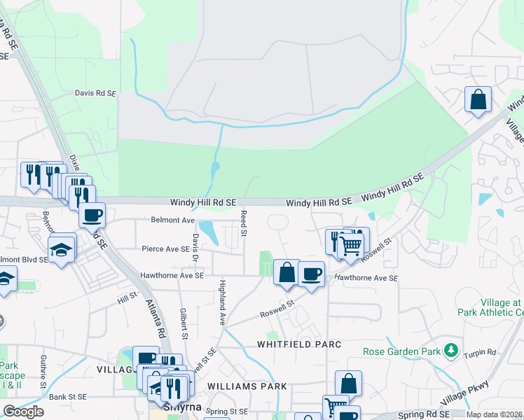 map of restaurants, bars, coffee shops, grocery stores, and more near 2405 Reed Street in Smyrna
