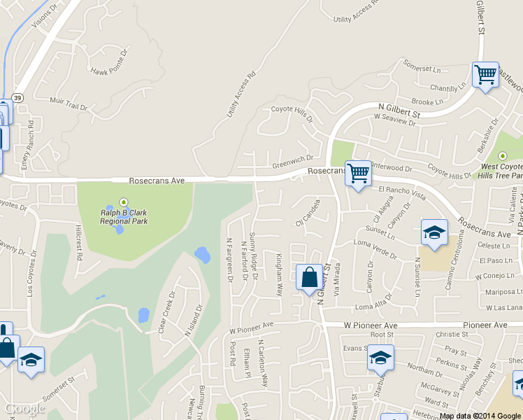 map of restaurants, bars, coffee shops, grocery stores, and more near 2580 Crown Way in Fullerton
