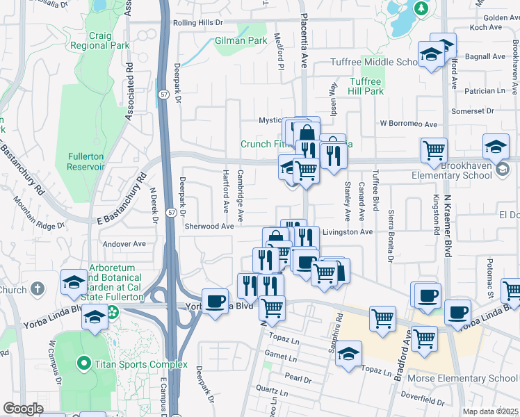 map of restaurants, bars, coffee shops, grocery stores, and more near 613 Lori Way in Placentia