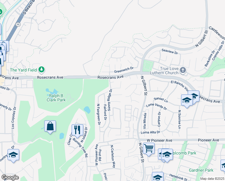 map of restaurants, bars, coffee shops, grocery stores, and more near 2580 Crown Way in Fullerton