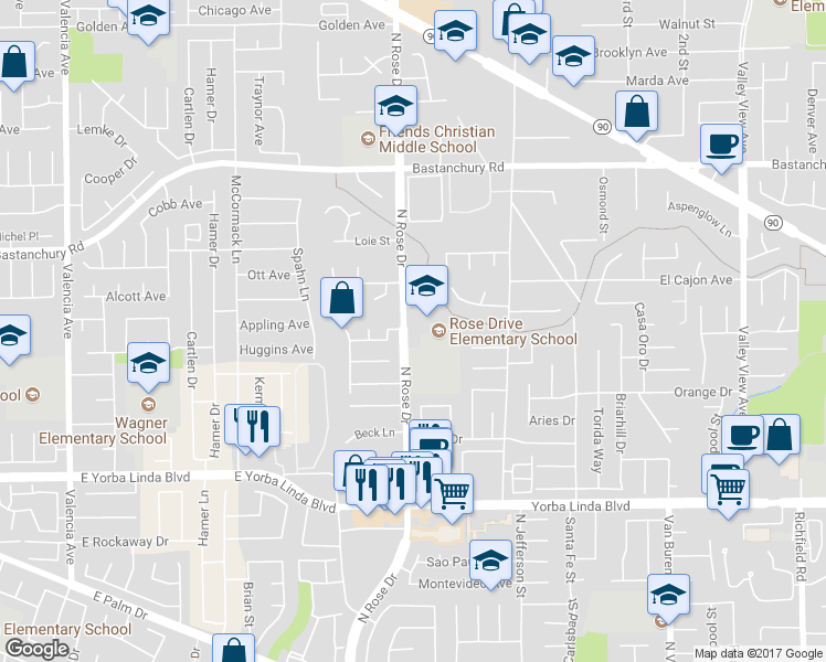map of restaurants, bars, coffee shops, grocery stores, and more near 4612 Rose Drive in Yorba Linda