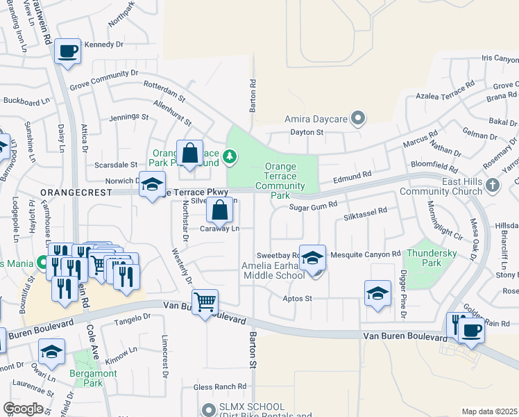 map of restaurants, bars, coffee shops, grocery stores, and more near 8640 Barton St in Riverside