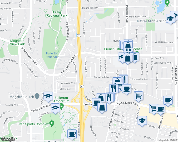 map of restaurants, bars, coffee shops, grocery stores, and more near 2225 Braeburn Avenue in Fullerton