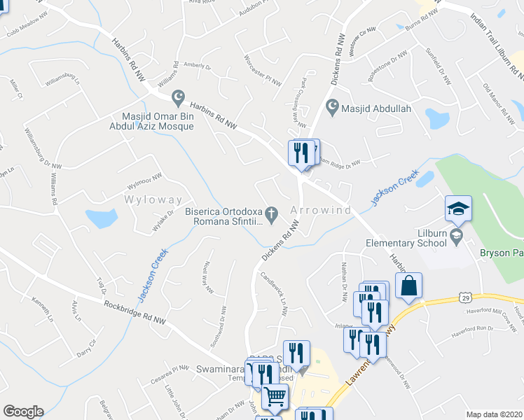 map of restaurants, bars, coffee shops, grocery stores, and more near 5520 Arrowind Road Northwest in Lilburn