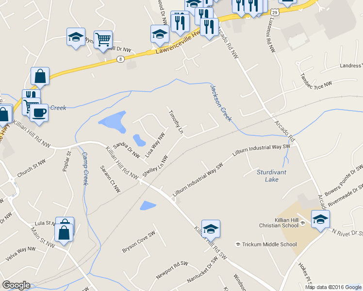 map of restaurants, bars, coffee shops, grocery stores, and more near 4416 Shelley Lane Northwest in Lilburn