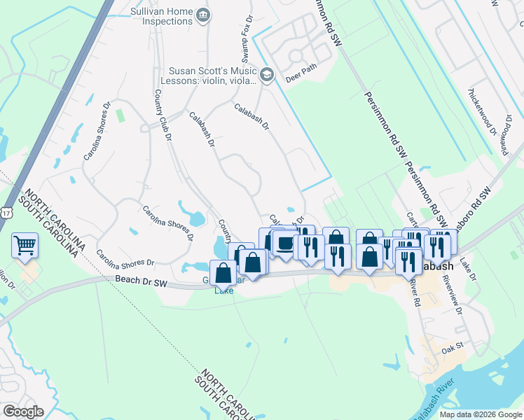 map of restaurants, bars, coffee shops, grocery stores, and more near 23 Calabash Dr in Carolina Shores