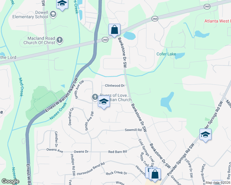 map of restaurants, bars, coffee shops, grocery stores, and more near 2410 Shiloh Drive Southwest in Marietta