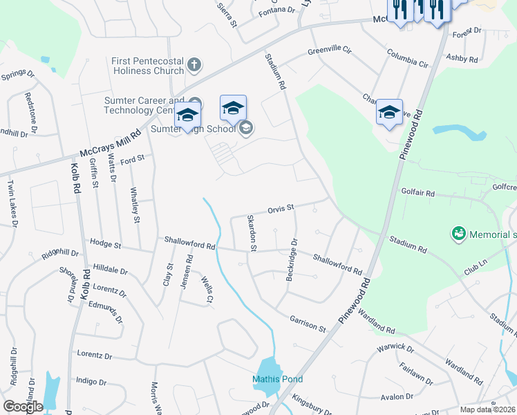 map of restaurants, bars, coffee shops, grocery stores, and more near 2381 Orvis Street in Sumter