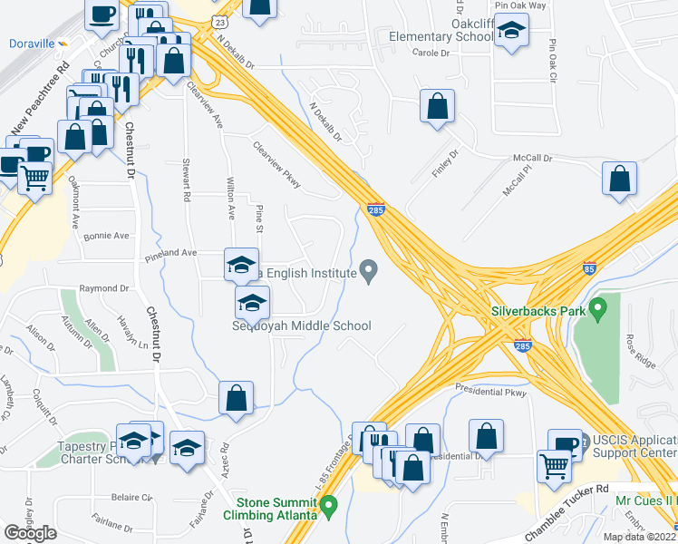map of restaurants, bars, coffee shops, grocery stores, and more near 3523 Santa Fe Trail in Doraville