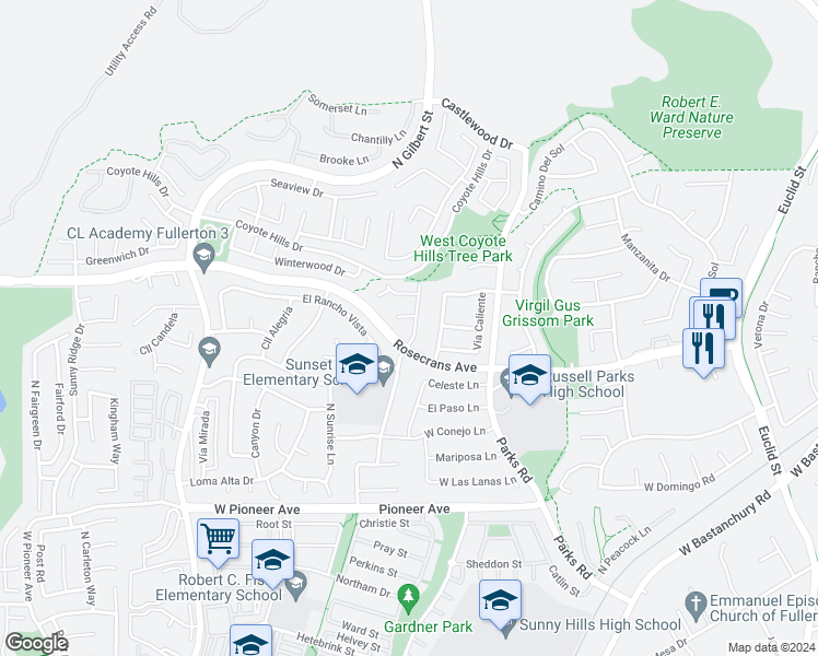 map of restaurants, bars, coffee shops, grocery stores, and more near 2117 Camino Centroloma in Fullerton
