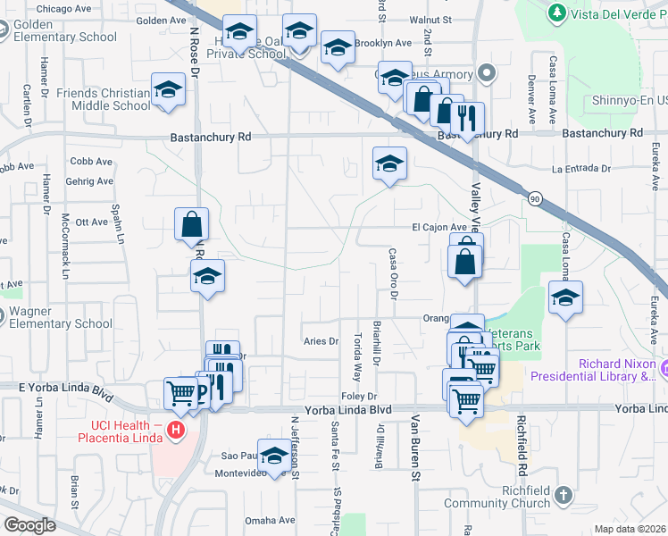 map of restaurants, bars, coffee shops, grocery stores, and more near 4611 Santa Fe Street in Yorba Linda