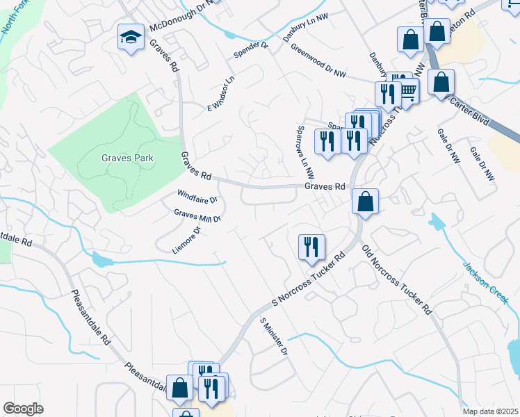 map of restaurants, bars, coffee shops, grocery stores, and more near 1395 Craig Hill Court Northwest in Norcross
