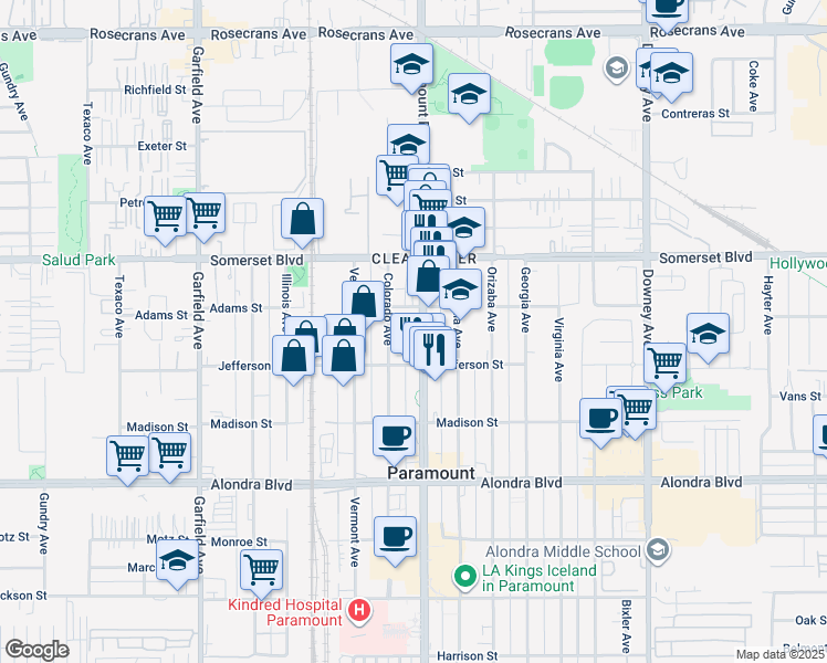 map of restaurants, bars, coffee shops, grocery stores, and more near 15323 Paramount Boulevard in Paramount