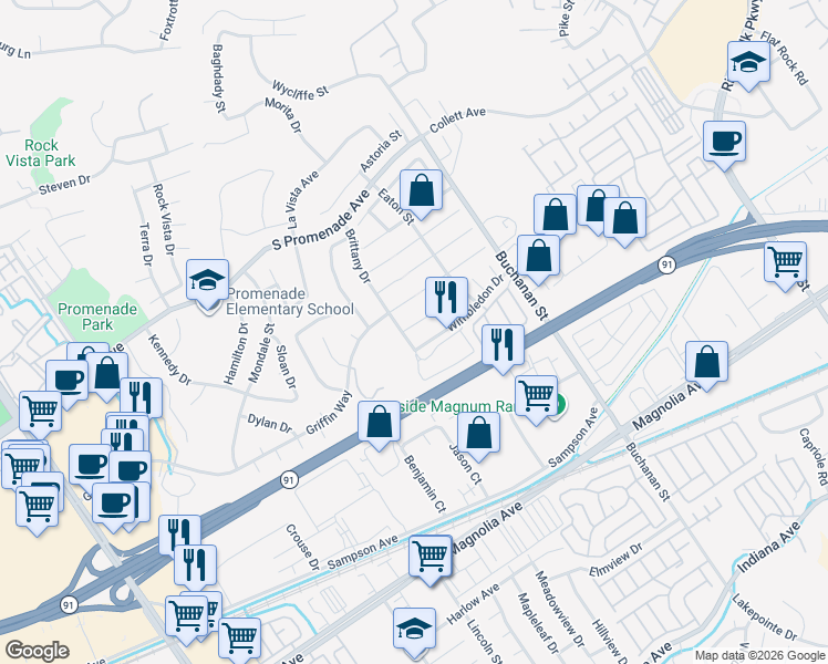 map of restaurants, bars, coffee shops, grocery stores, and more near 2908 Dorchester Circle in Corona