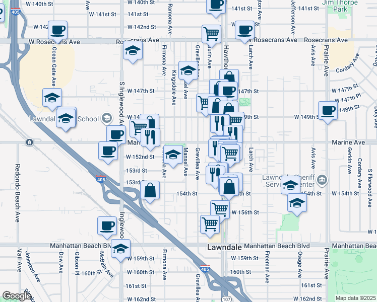 map of restaurants, bars, coffee shops, grocery stores, and more near 15118 Mansel Avenue in Lawndale