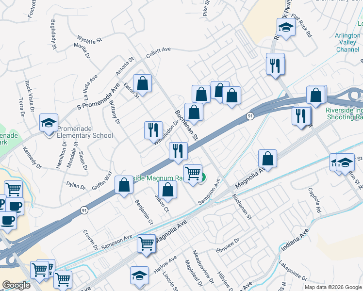 map of restaurants, bars, coffee shops, grocery stores, and more near 324 Cypress Court in Corona