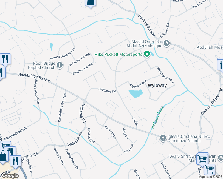 map of restaurants, bars, coffee shops, grocery stores, and more near 5731 Williams Road in Norcross