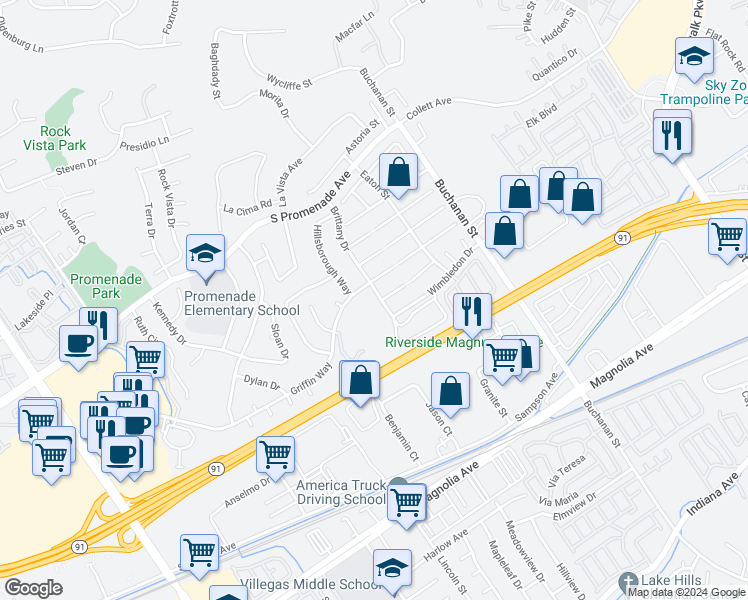 map of restaurants, bars, coffee shops, grocery stores, and more near 448 Brittany Drive in Corona