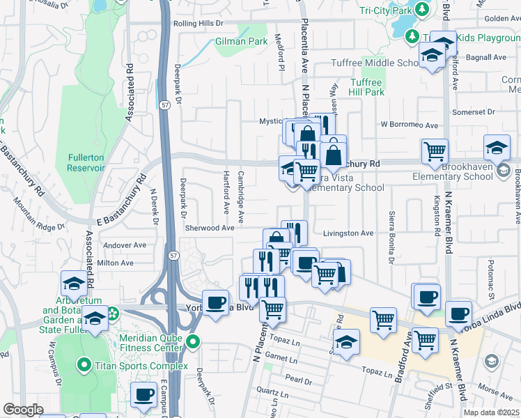 map of restaurants, bars, coffee shops, grocery stores, and more near 613 Lori Way in Placentia