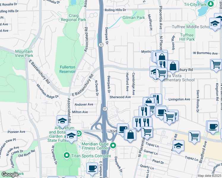 map of restaurants, bars, coffee shops, grocery stores, and more near 2225 Braeburn Avenue in Fullerton